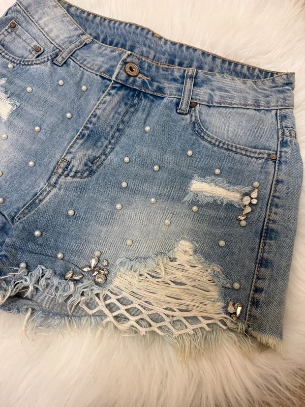 Collection Distressed Y2K Denim Shorts – Embellished with Pearls, Crystals & Mesh Fringe, W28 / UK 10