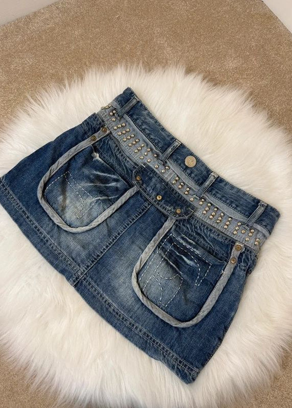First Moon Y2K Grunge Denim Micro Mini Skirt Studded Distressed Pockets UK10