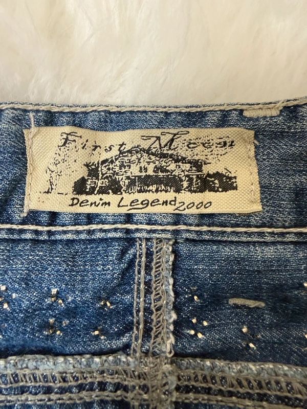 First Moon Y2K Grunge Denim Micro Mini Skirt Studded Distressed Pockets UK10