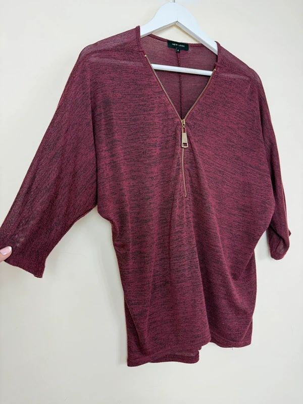New Look Burgundy Top Half Zip 3/4 Sleeve Jersey Dip Hem Small