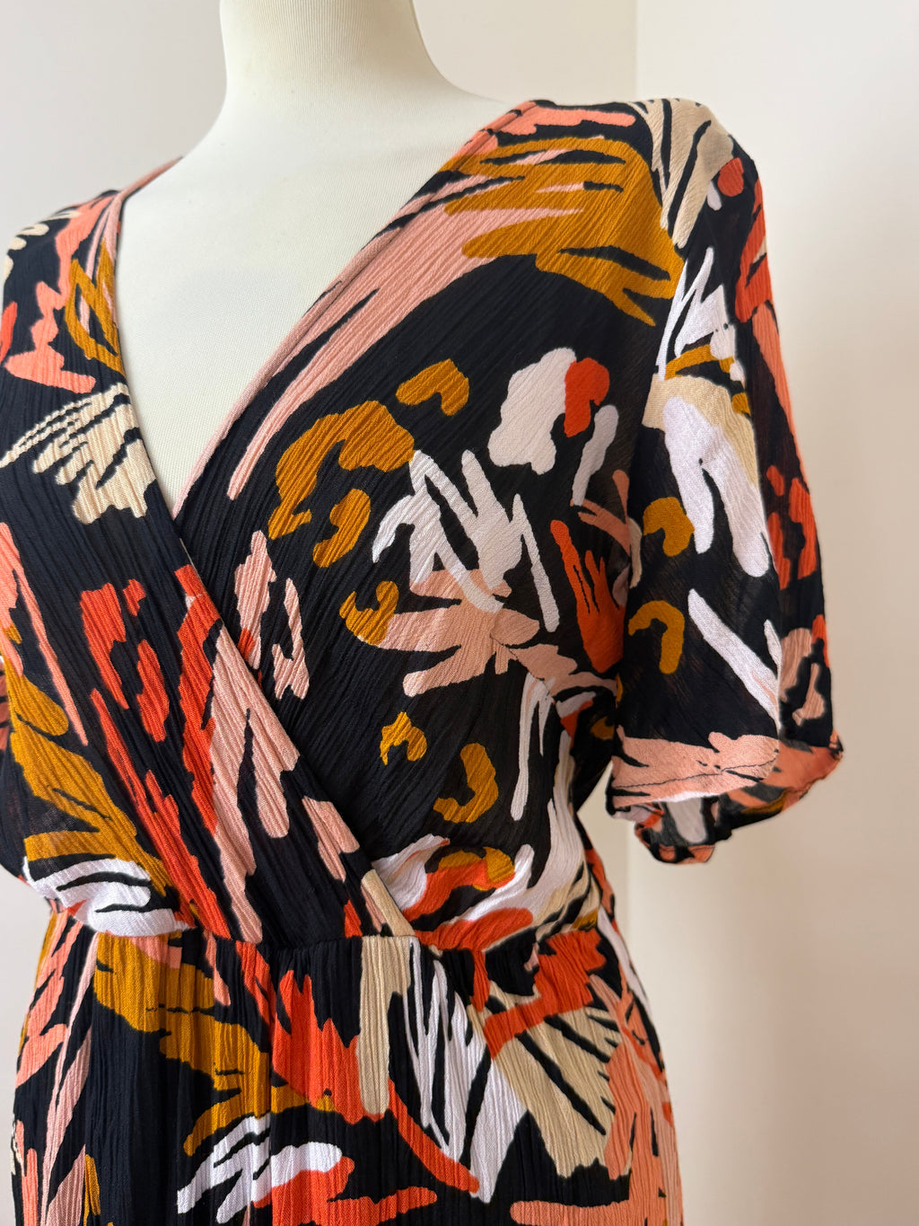 Together Orange Tan White Wrap Dress UK14 V-Neck Crinkle Dip Hem