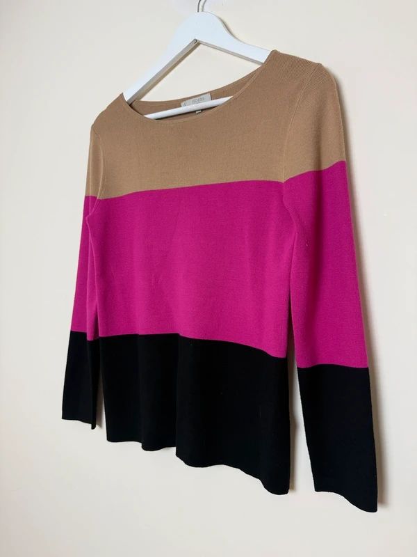 Hobbs Colour Block Knit Jumper Pink Beige Black Scoop Neck Small