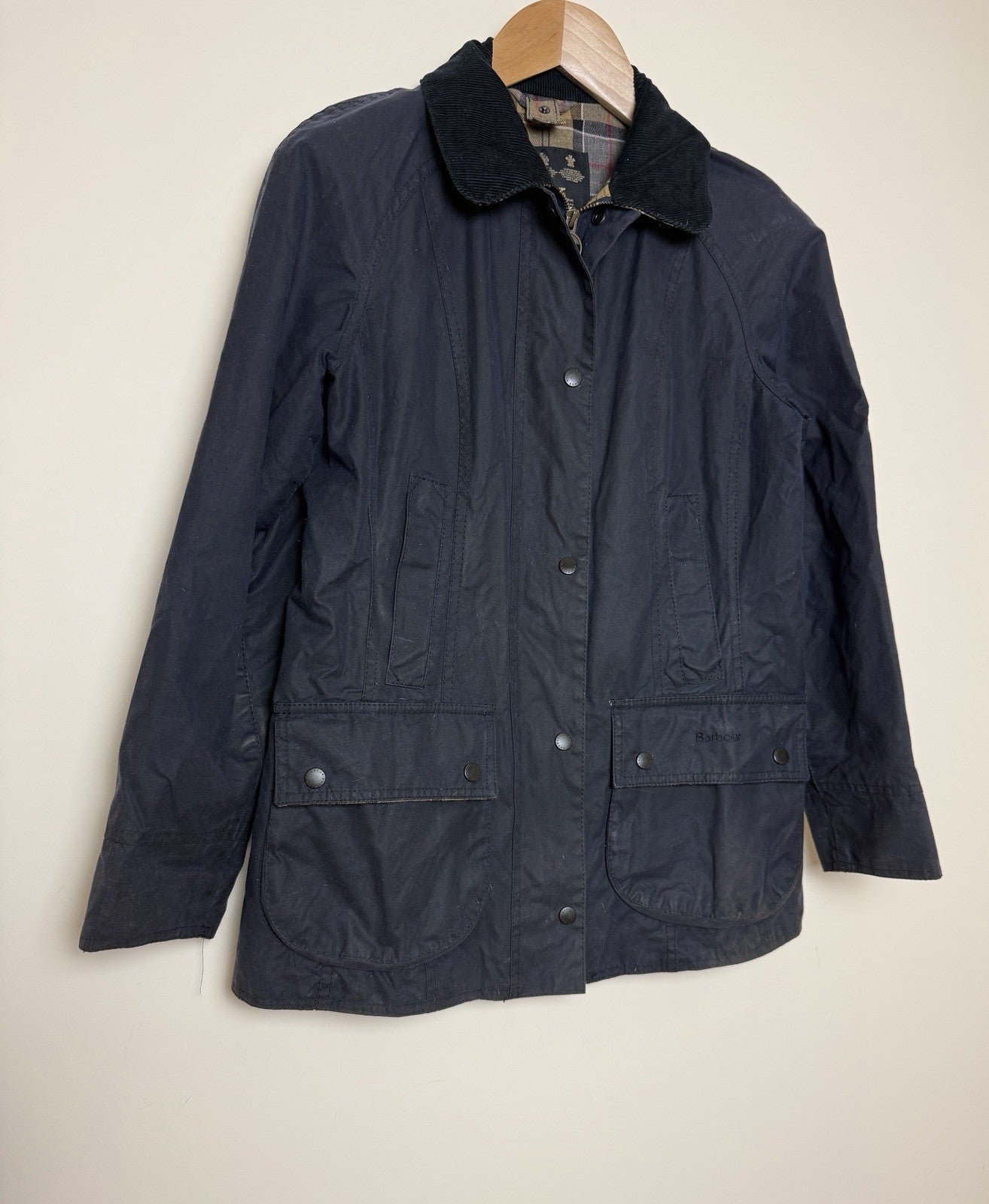 Barbour Beadnell Black Waxed Jacket with Tartan Lining - UK8