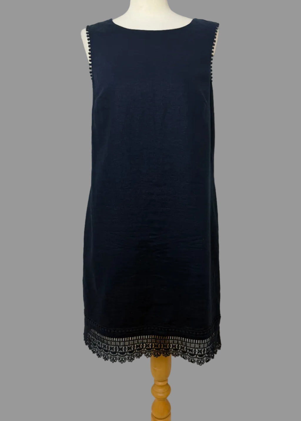 Papaya Black Linen Blend Shift Dress UK14 Sleeveless Embroidered Trim