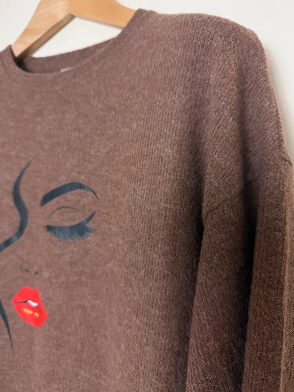 Brown Knitted Crew Neck Face Eyelashes Motif Jumper - Large