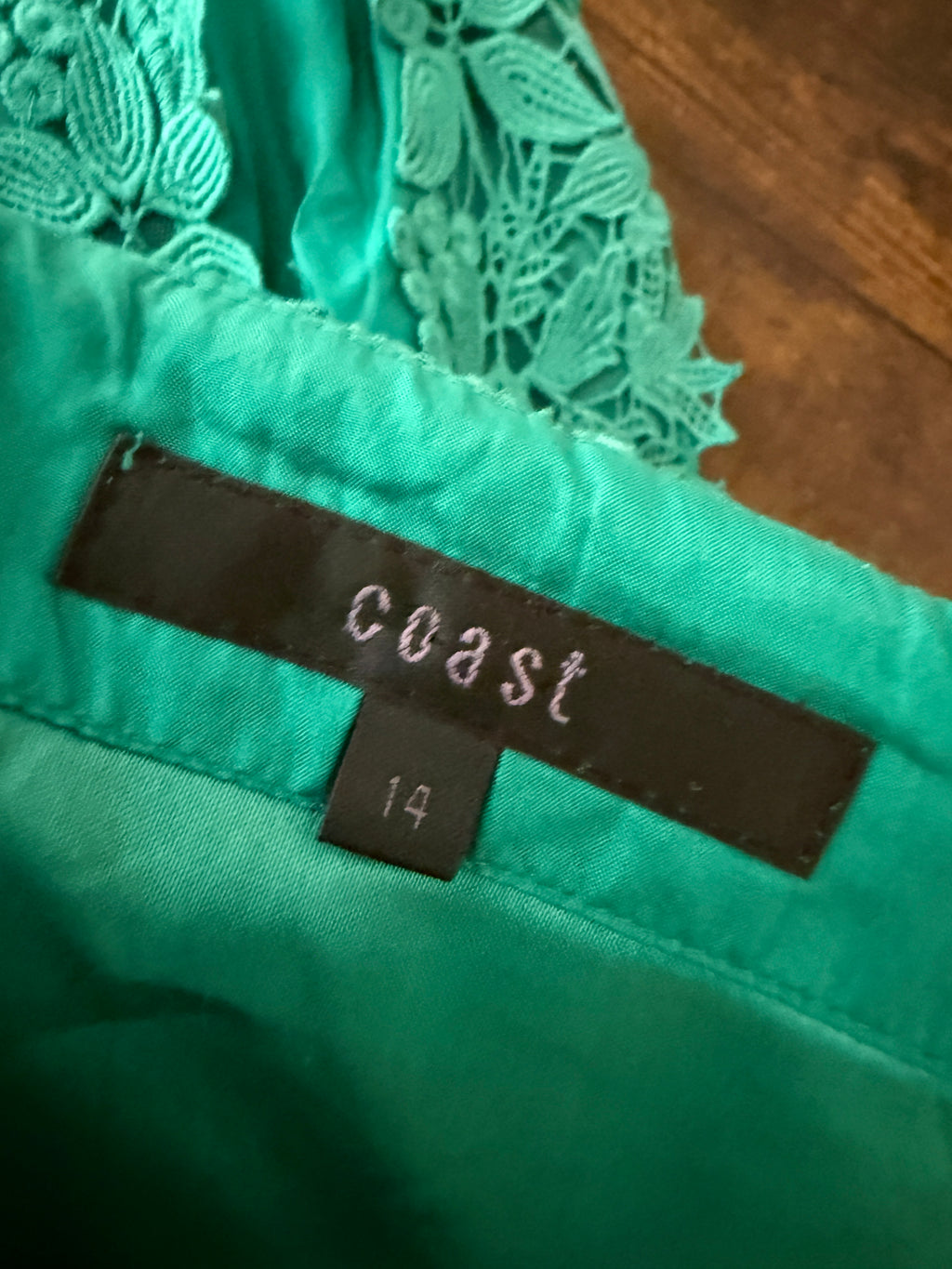 Coast Silk Lace Dress Jade Green Strapless Guipure Cocktail UK14