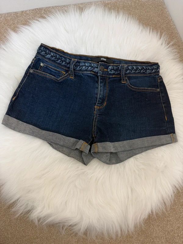 Else Dark Blue Braided Waistband Cuffed Hem Denim Mini Shorts – W28, Festival Boho Summer