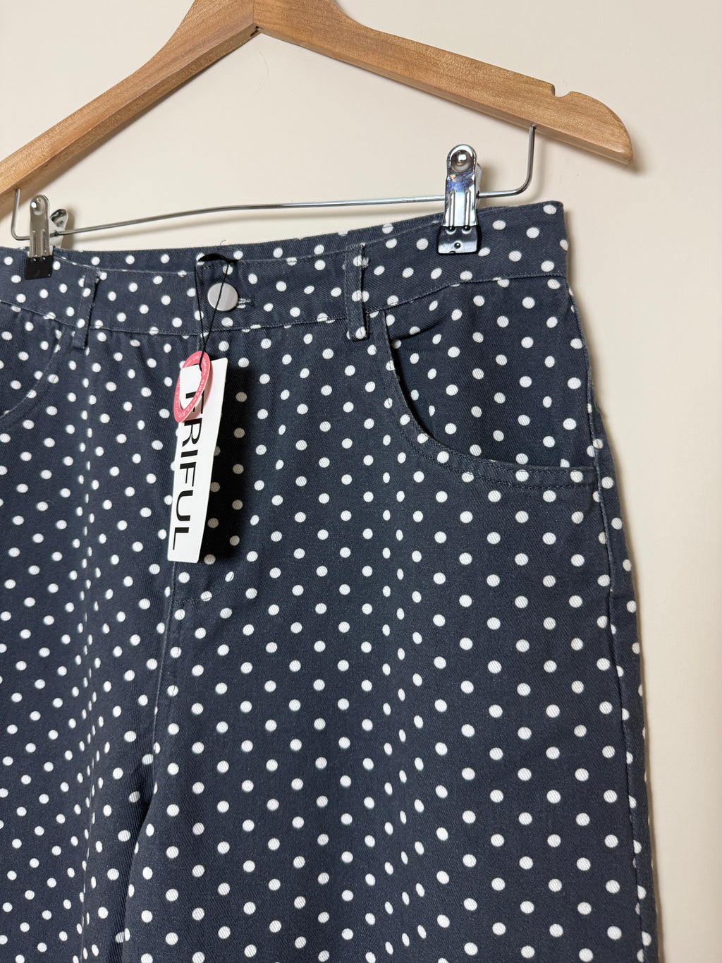 Friful Palazzo Trousers Grey White Polka Dot Wide Leg High Waist UK12 BNWT