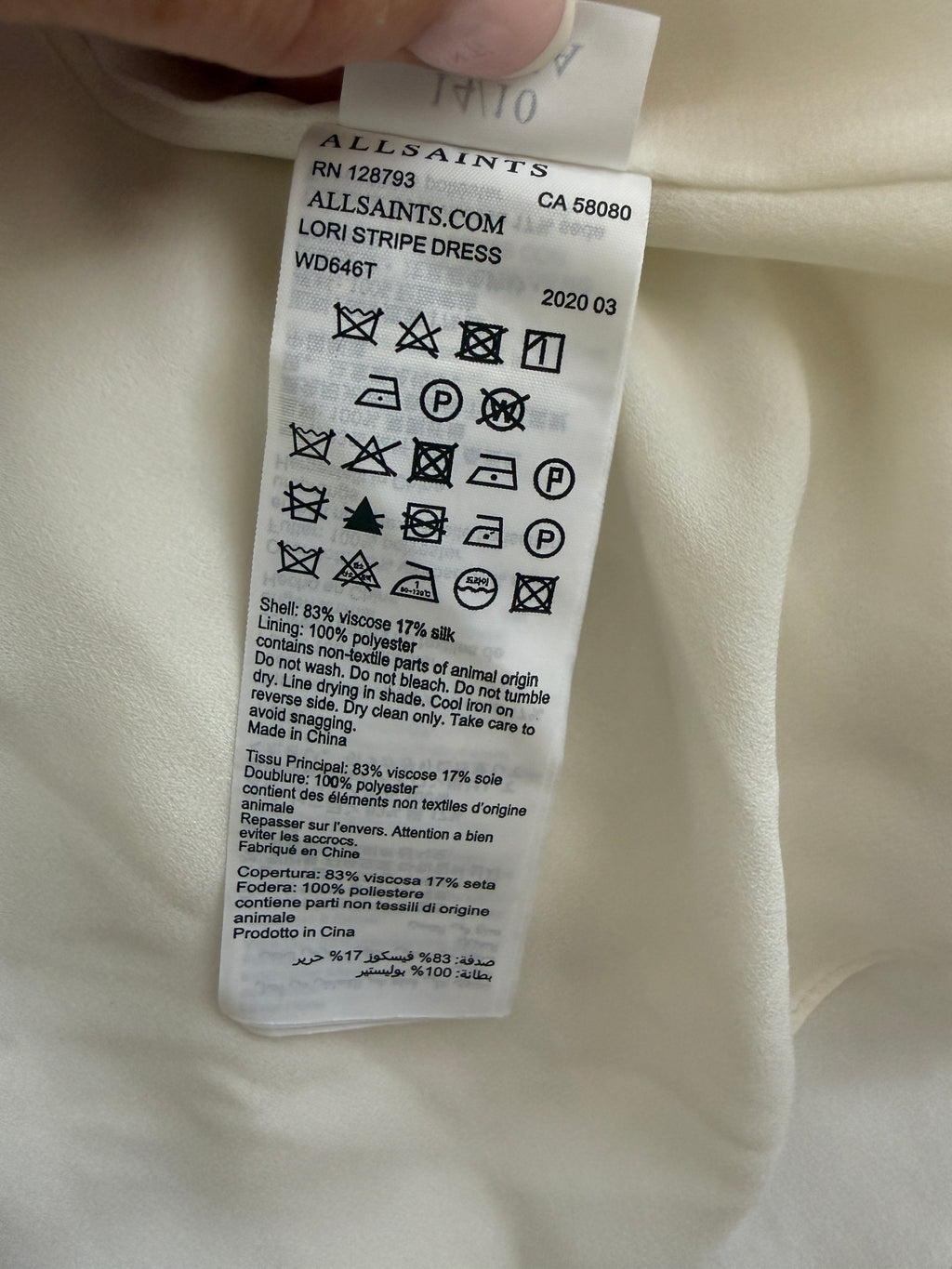 AllSaints Lori Stripe Midi Dress Chalk White Silk Blend UK 14 BNWT