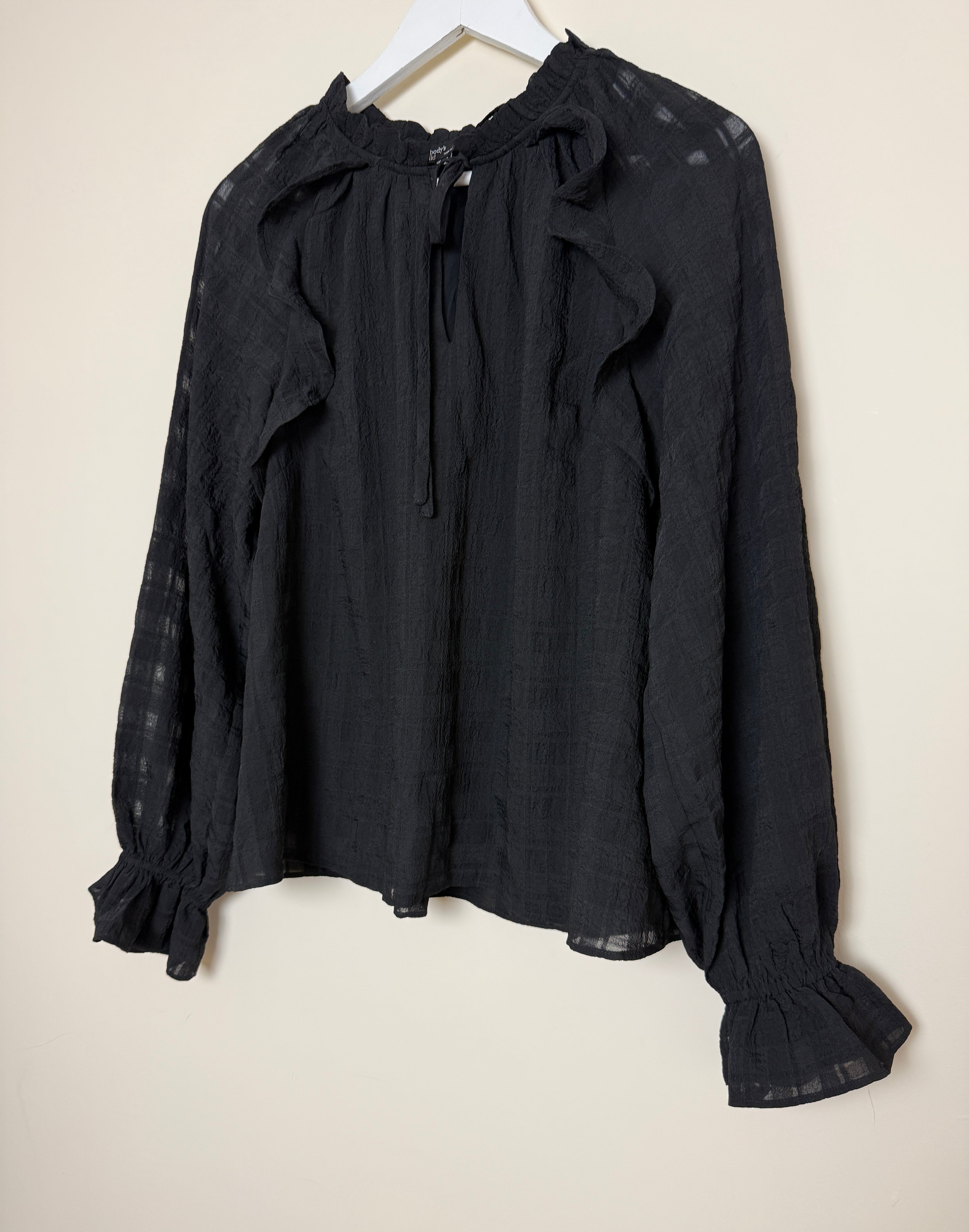 Nobody’s Child Black Ruffle Neck Textured Blouse UK 12 - Preloved