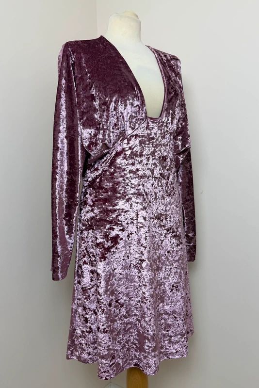 ASOS Purple Crushed Velvet Mini Dress Plunge V Neck Long Sleeve UK 12