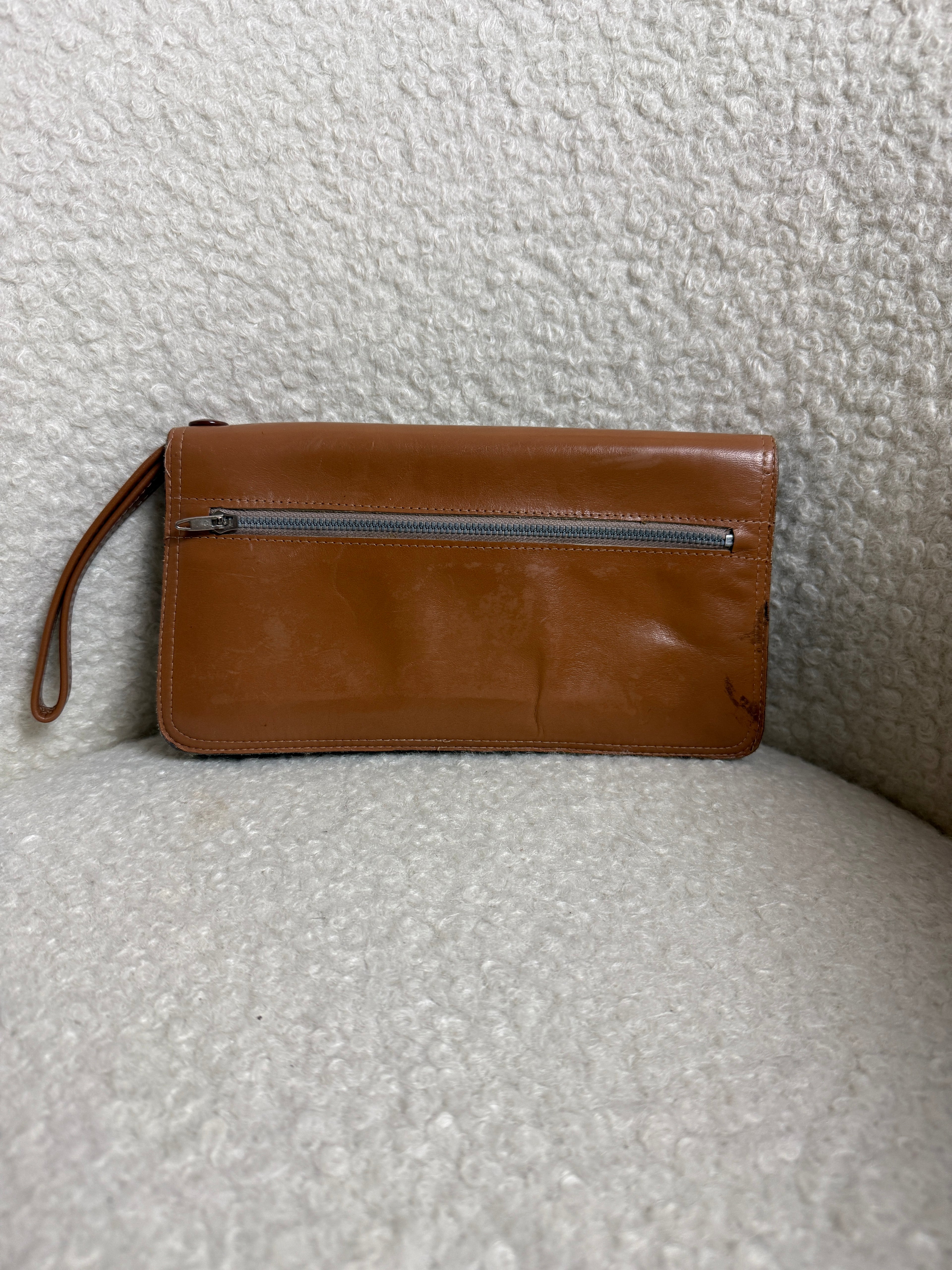 Vintage French Brown Cowhide Leather Clutch Bag Box Veritable Wrist Strap