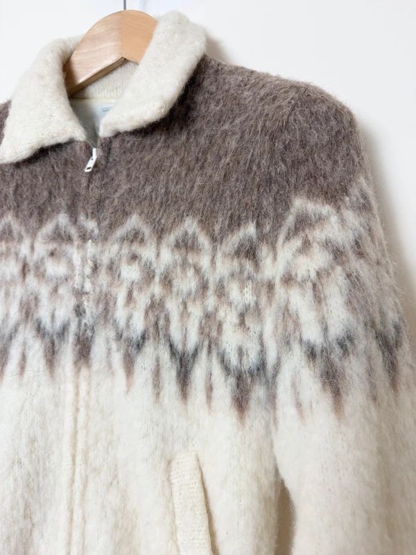 Vintage 1980s Nanook Nordic Mohair Blend Jacket Cream Brown Fuzzy Zip Up Small