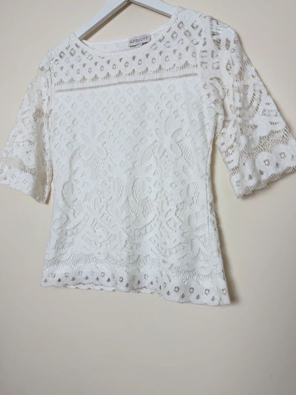 Apricot White Lace Top UK 8 Sheer Sleeve Round Neck Blouse