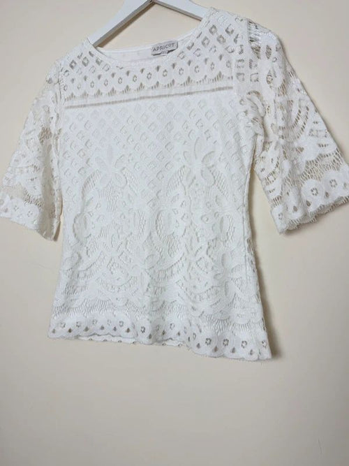 Apricot White Lace Top UK 8 Sheer Sleeve Round Neck Blouse