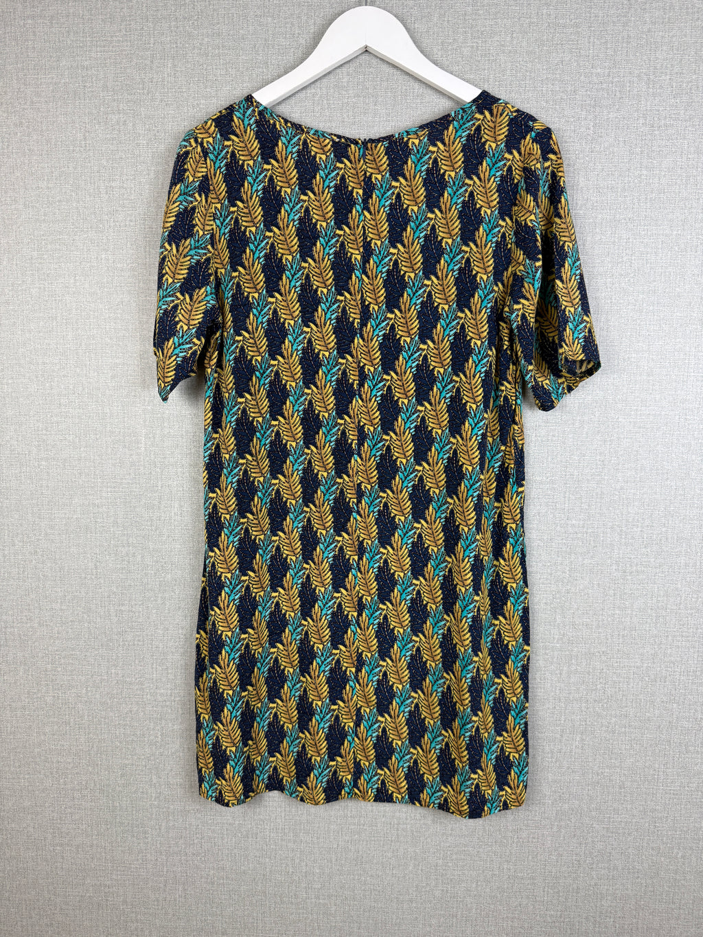 SES Fashion Leaf Print Viscose Shift Dress UK 10 Navy Mustard Turquoise