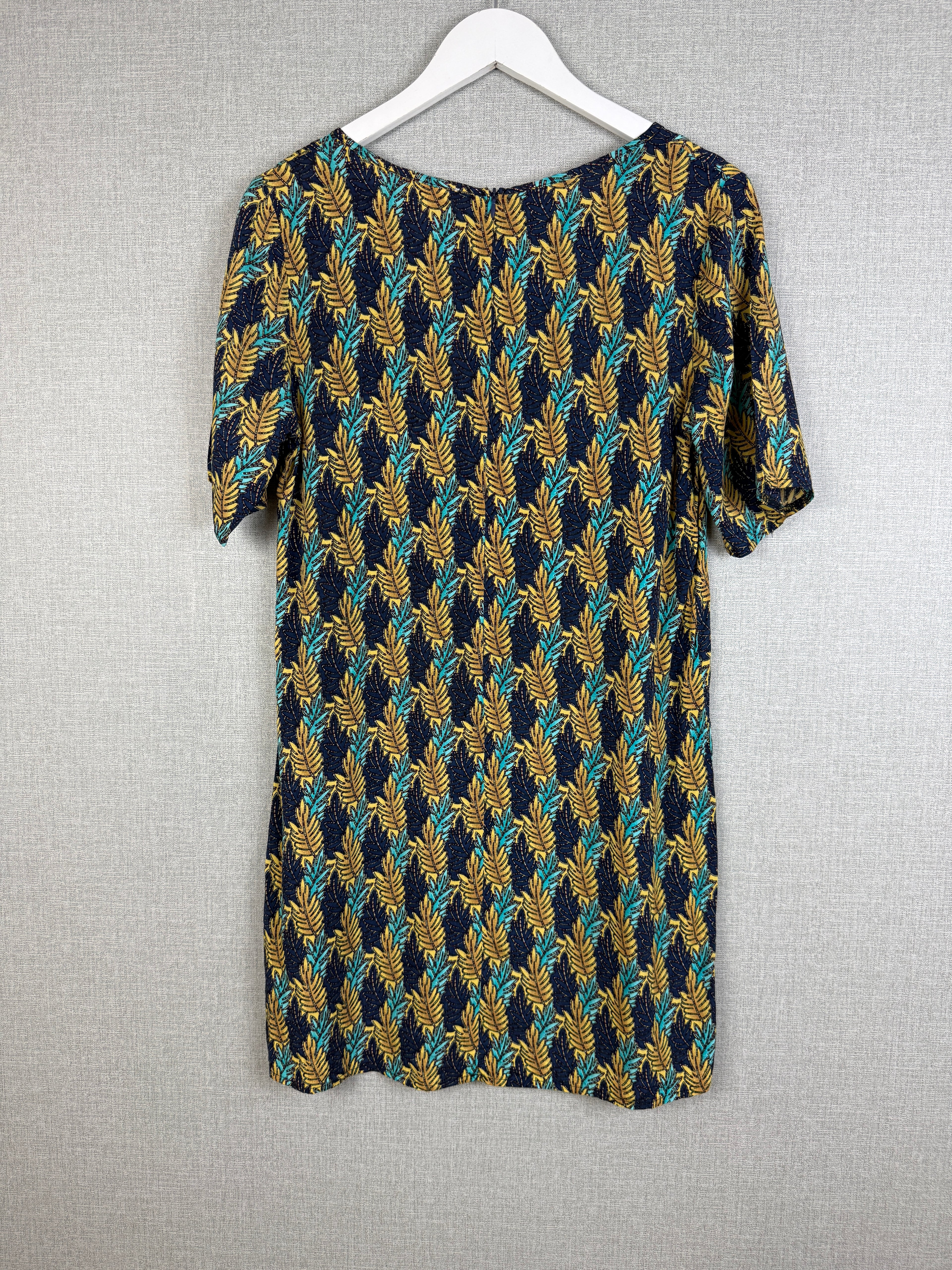 SES Fashion Leaf Print Viscose Shift Dress UK 10 Navy Mustard Turquoise