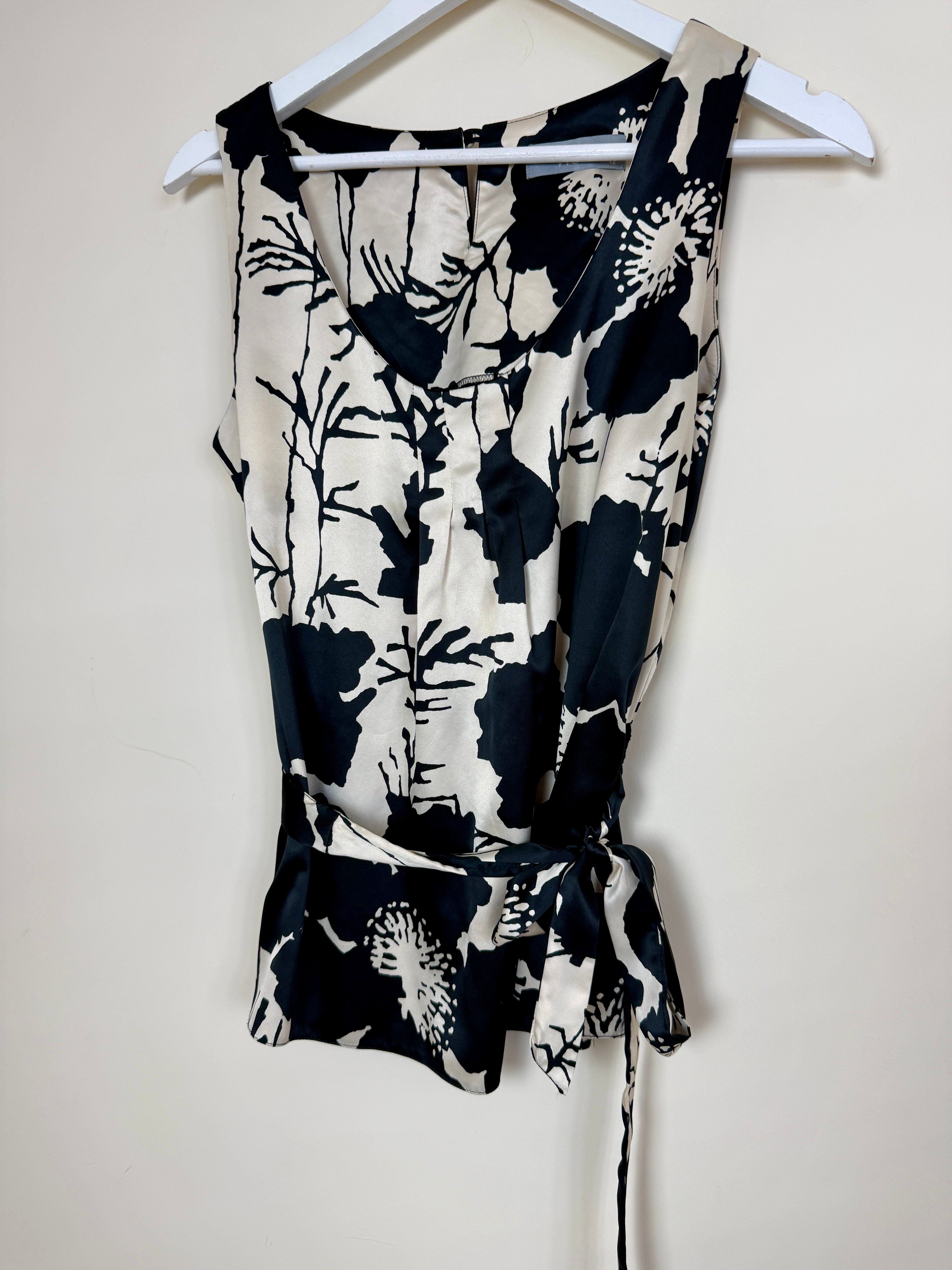 Wallis Floral Print Sleeveless Tie Waist Blouse Cream Black Size 12