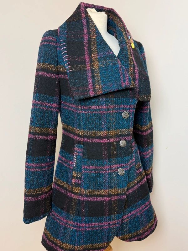 Joe Browns Plaid Overcoat Teal Pink Check Asymmetric Collar Wool Blend UK10