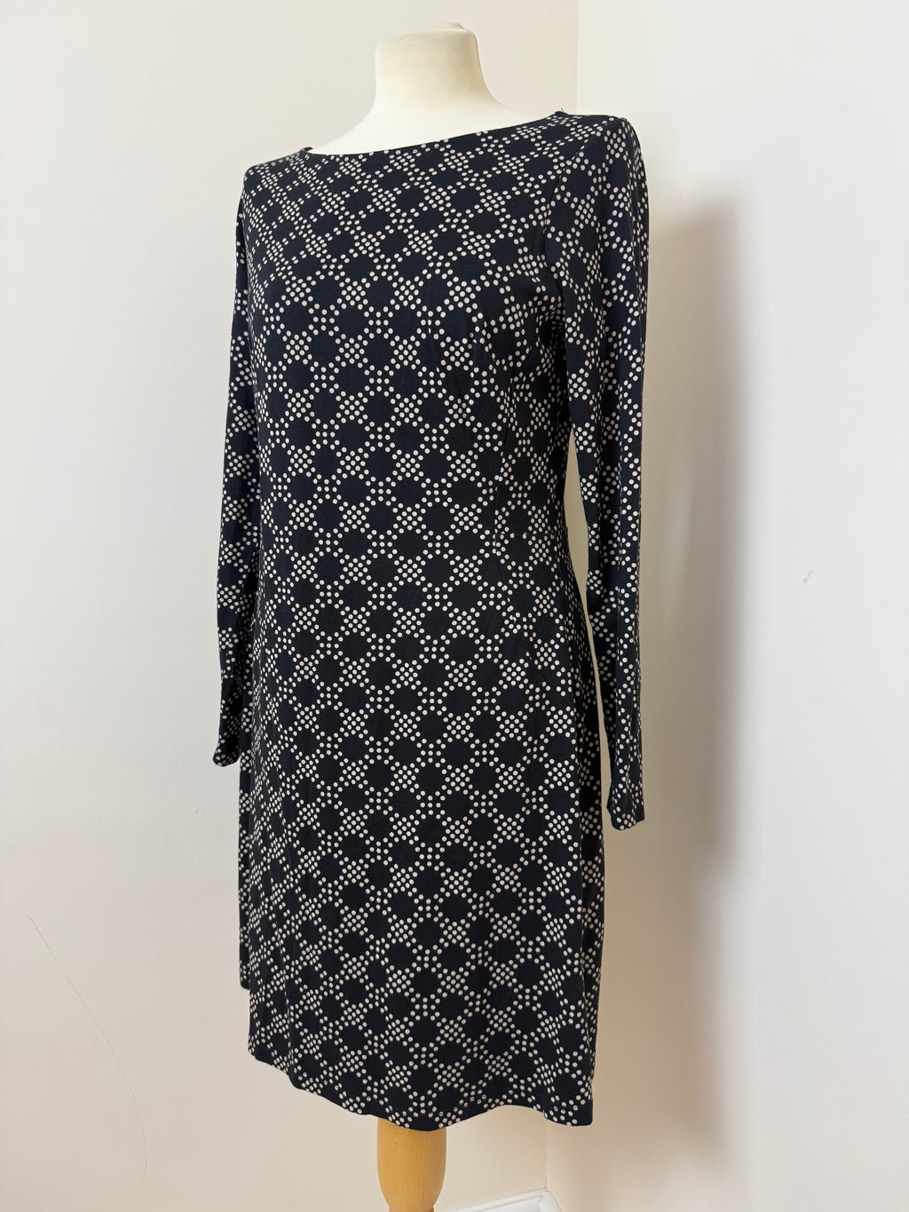 Boden Black Geometric Spot Print Long Sleeve Shift Dress UK 12L