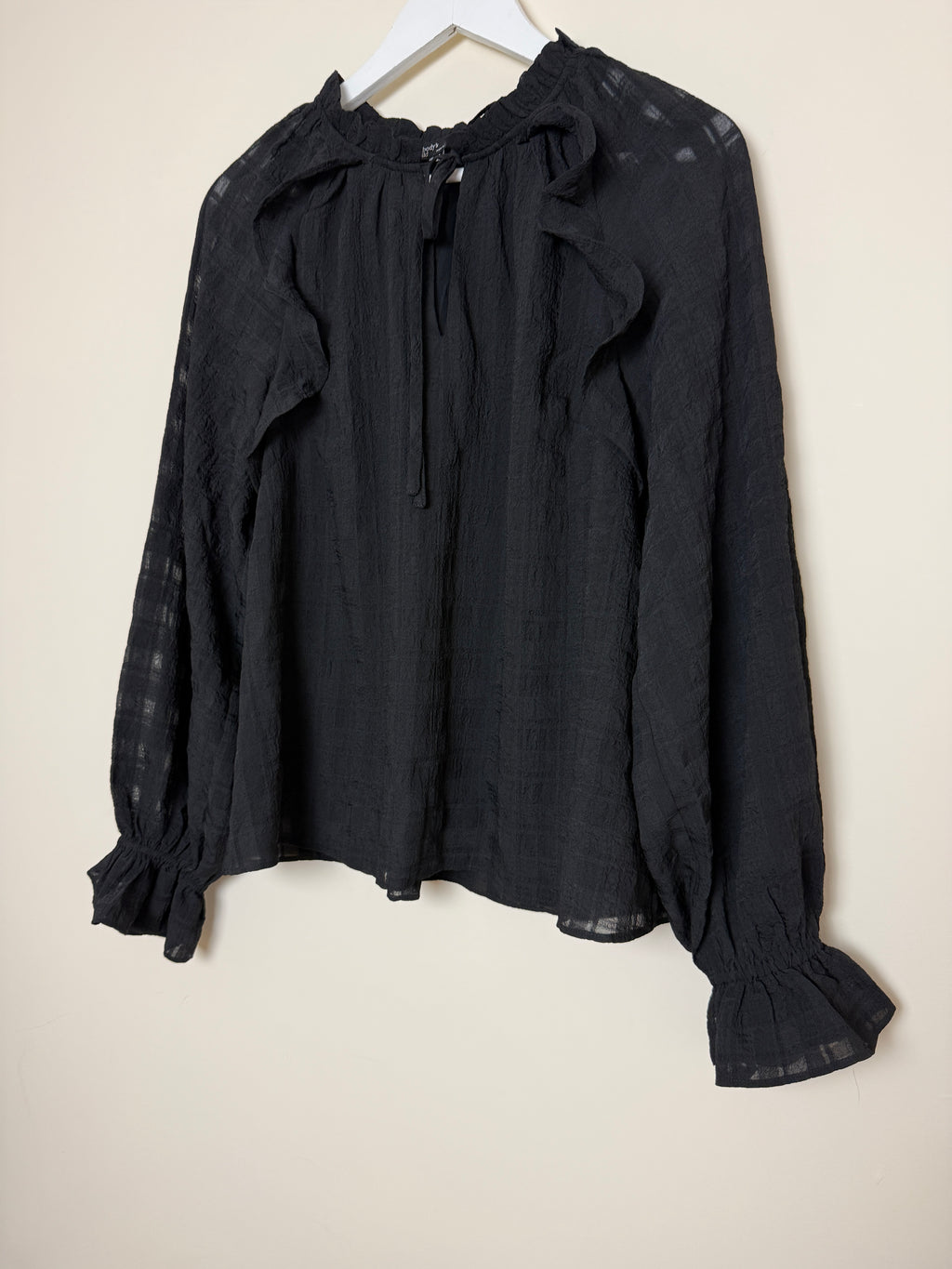 Nobody's Child Black Macy Blouse Balloon Sleeves & Tie Neck - UK12