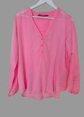 Zara Basic Neon Pink Sheer Cotton Ramie V Neck Blouse XL
