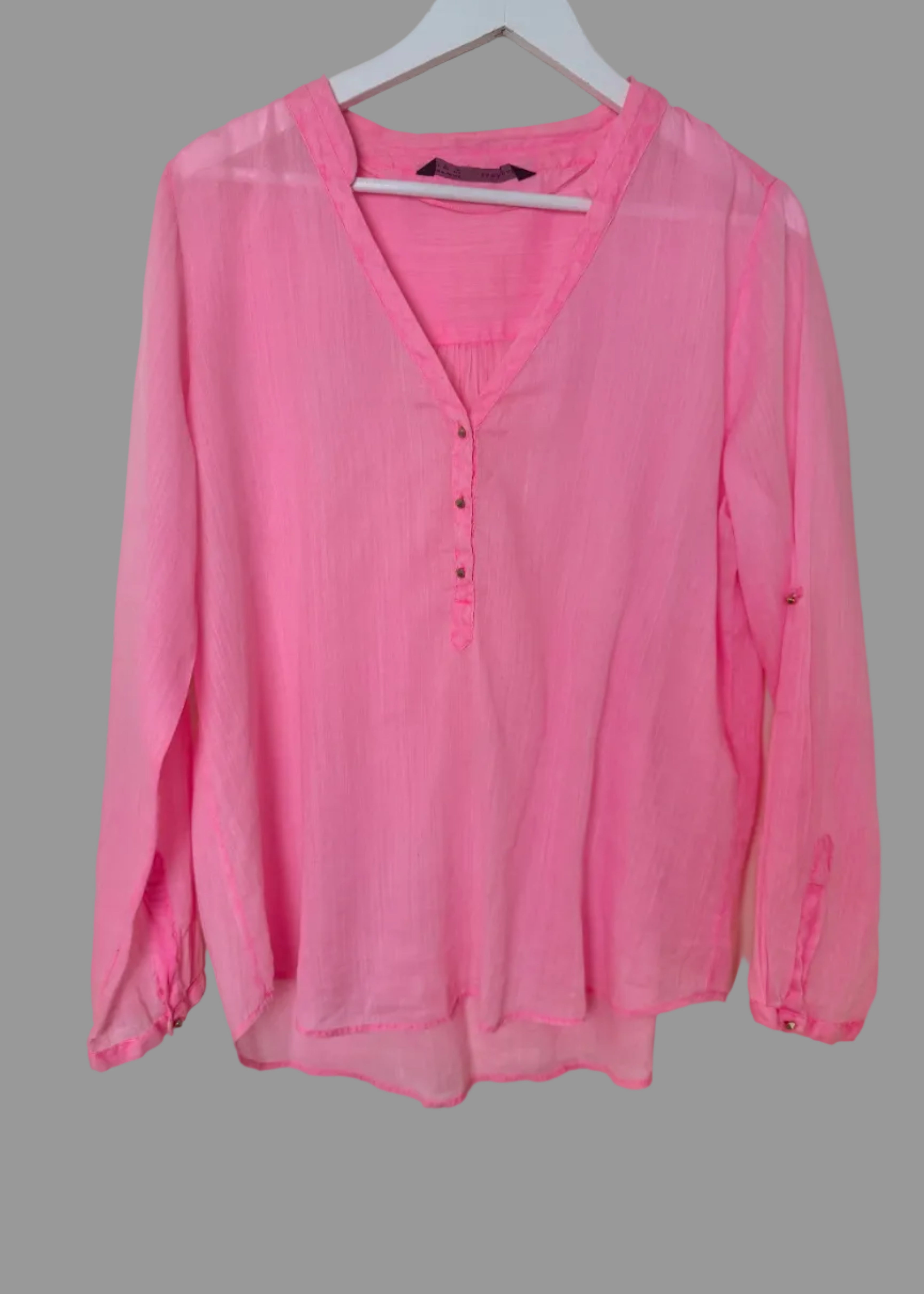 Zara Basic Neon Pink Sheer Cotton Ramie V Neck Blouse XL