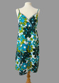 Retro Blue Green Floral Cotton Midi Dress UK14 Diamante Trim Summer Dress