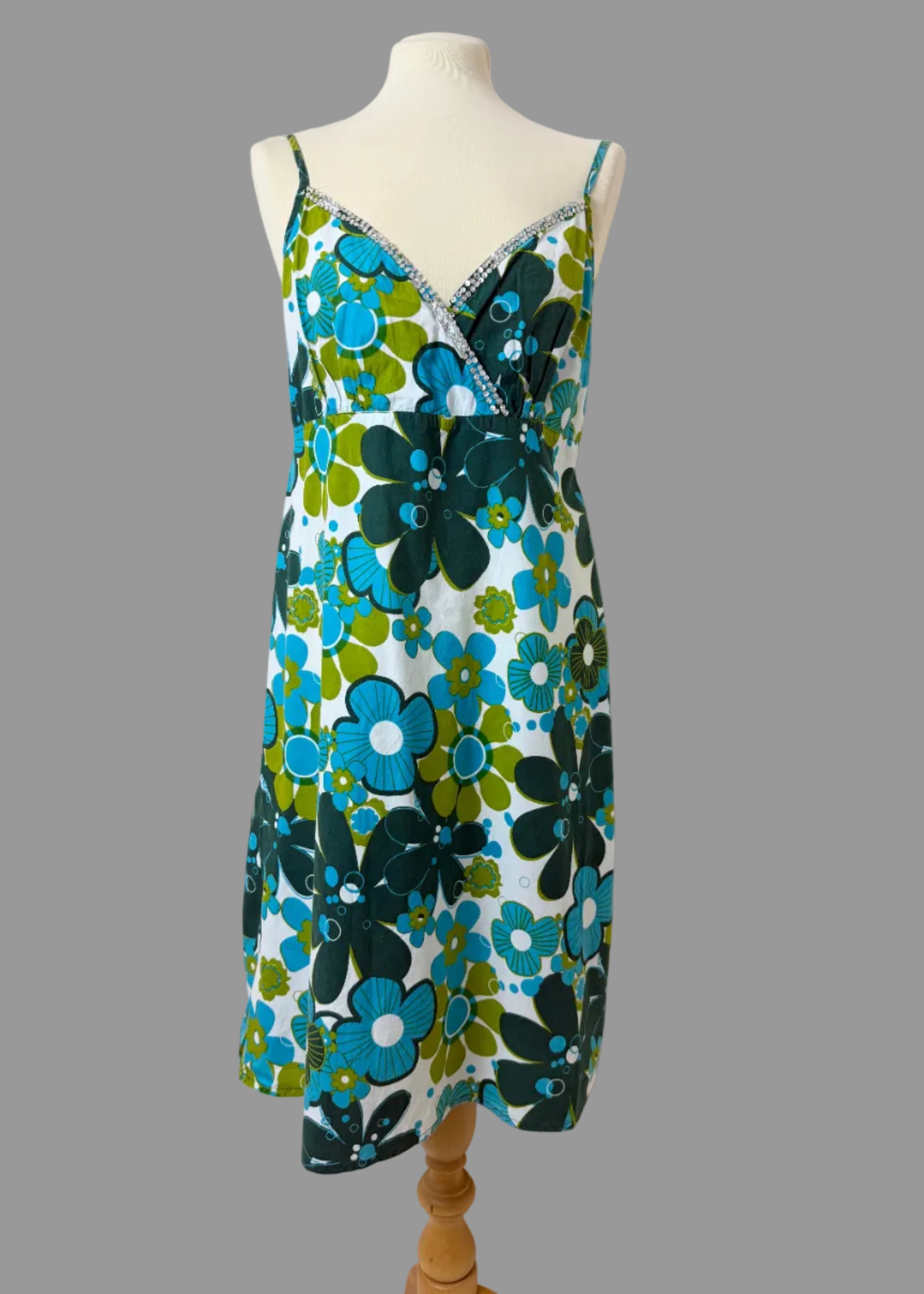 Retro Blue Green Floral Cotton Midi Dress UK14 Diamante Trim Summer Dress