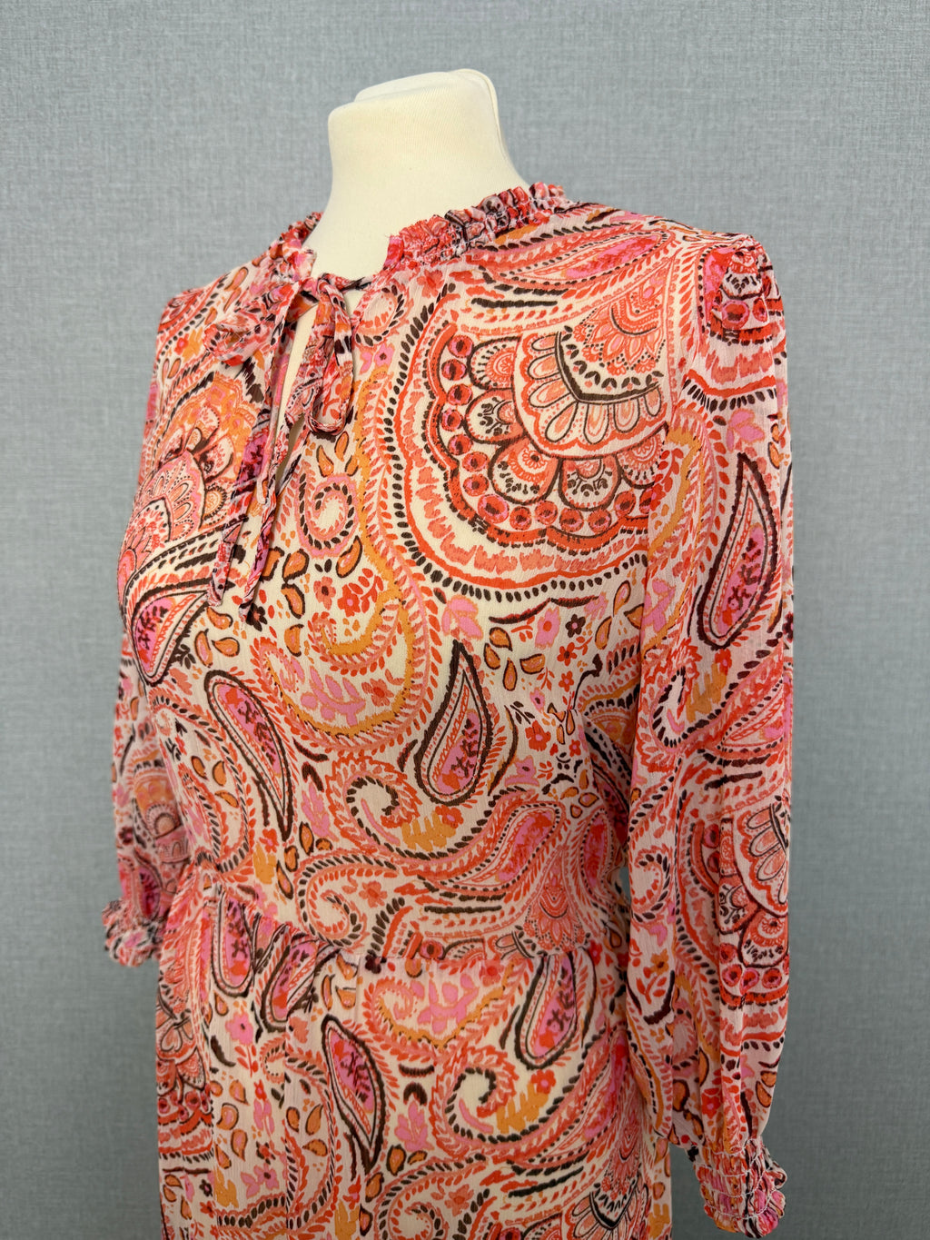 Nutmeg Paisley Print Midi Dress UK12 Pink Orange Boho Floaty Sheer
