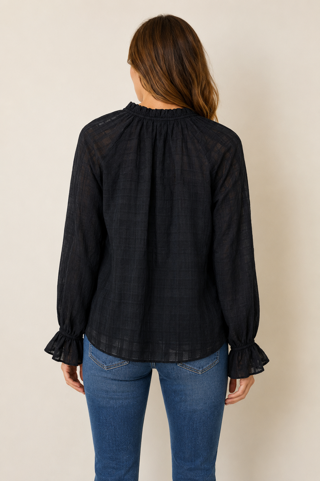 Nobody’s Child Black Ruffle Neck Textured Blouse UK 12 - Preloved
