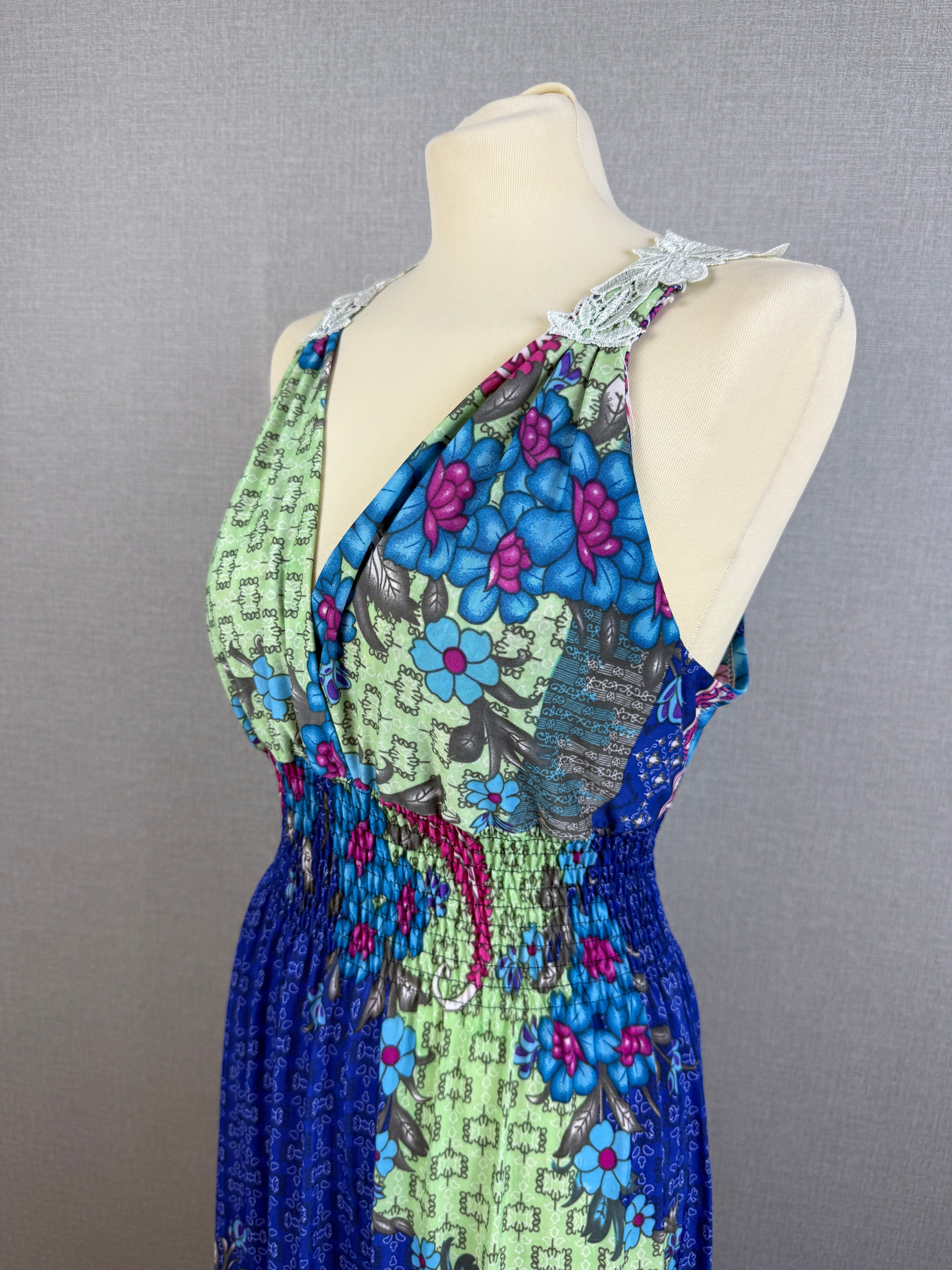 O.SHA Floral Paisley Crochet Back Maxi Dress Size M Blue Green