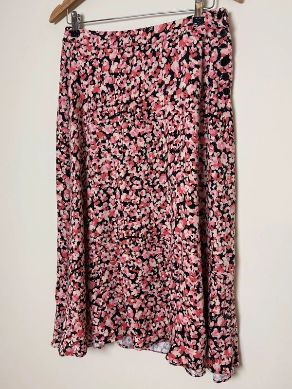 Oliver Bonas Pink Black Ditsy Floral Midi Skirt Flared Button Detail UK10