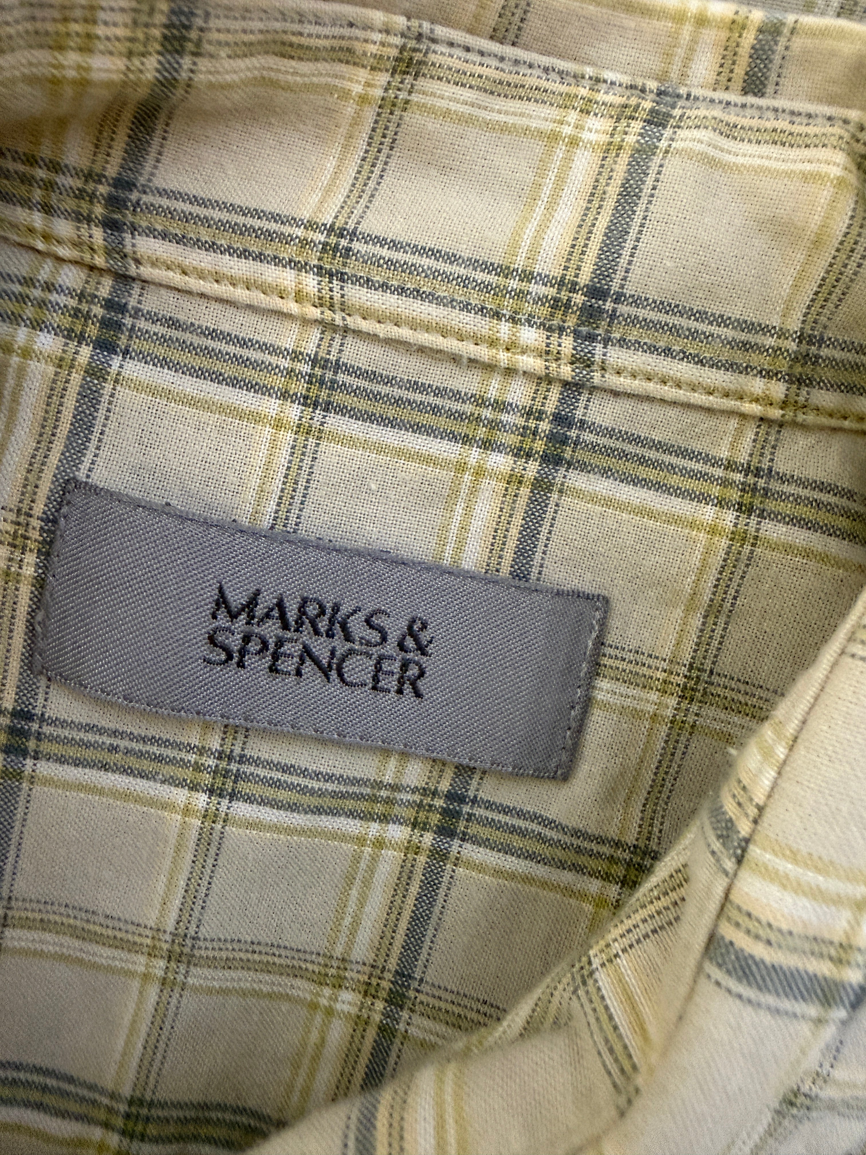 Marks & Spencer Beige Blue Check Cotton Shirt Mens Small ( more medium )