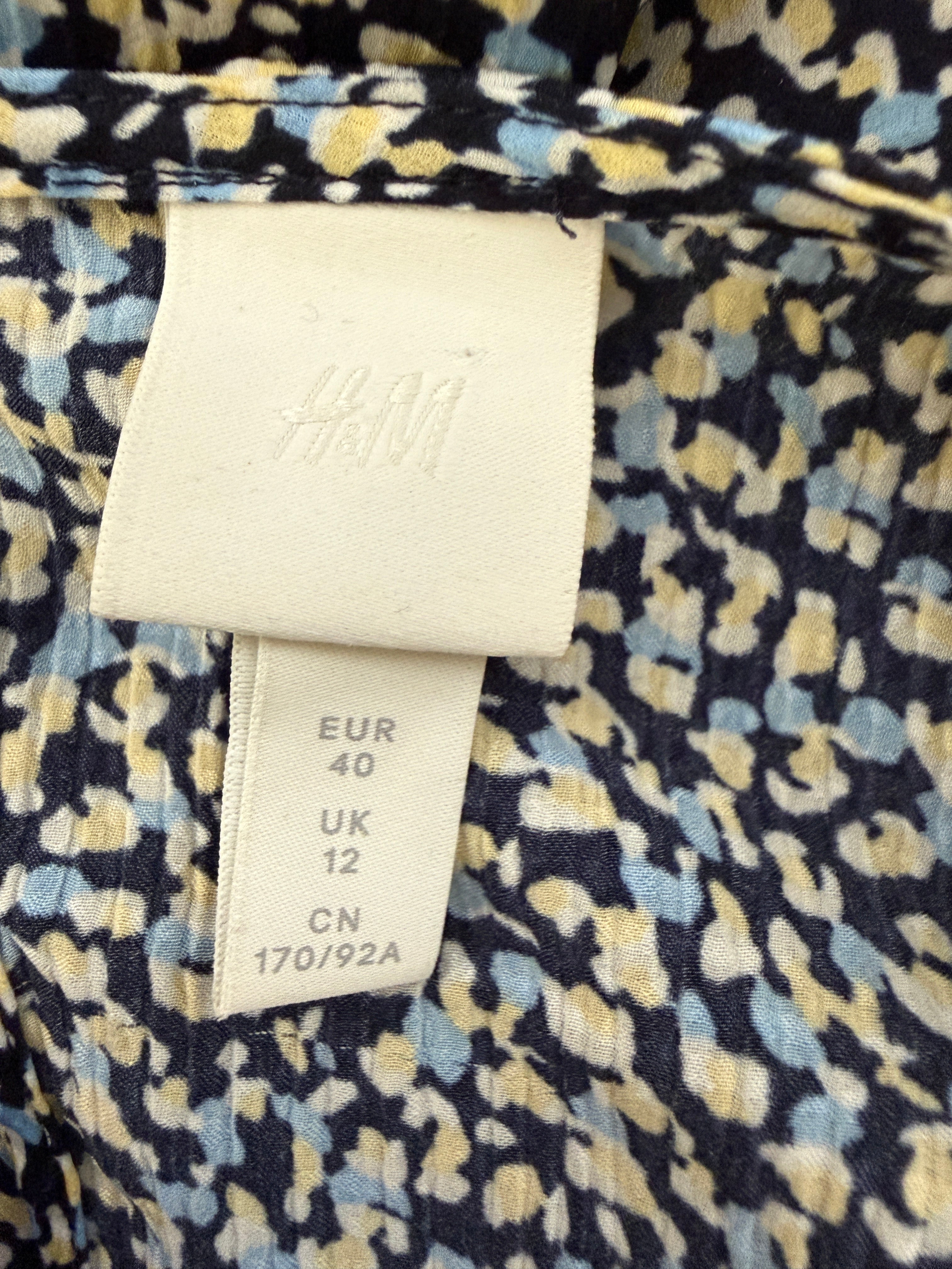 H&M Blue Yellow Dainty Print Open Back Midi Tea Dress - UK12