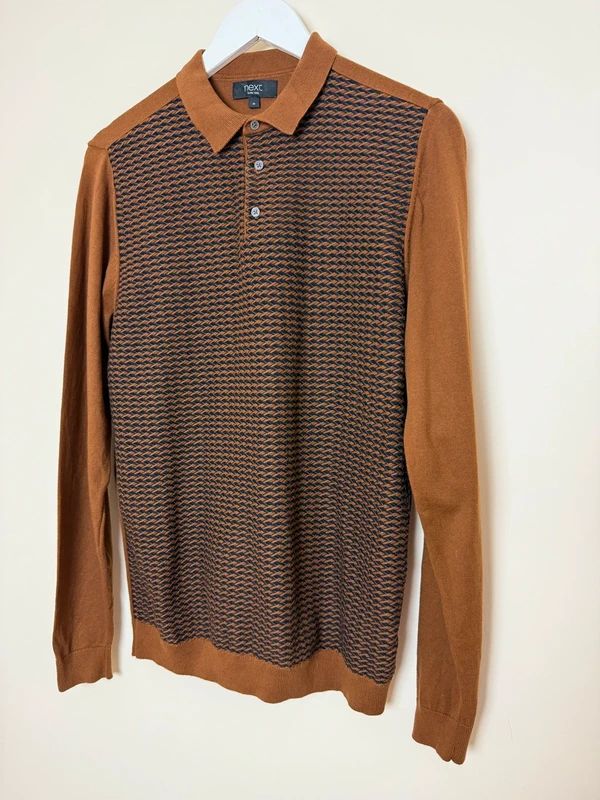 Next Brown Henley Knit Jumper Polo Style Long Sleeve Medium
