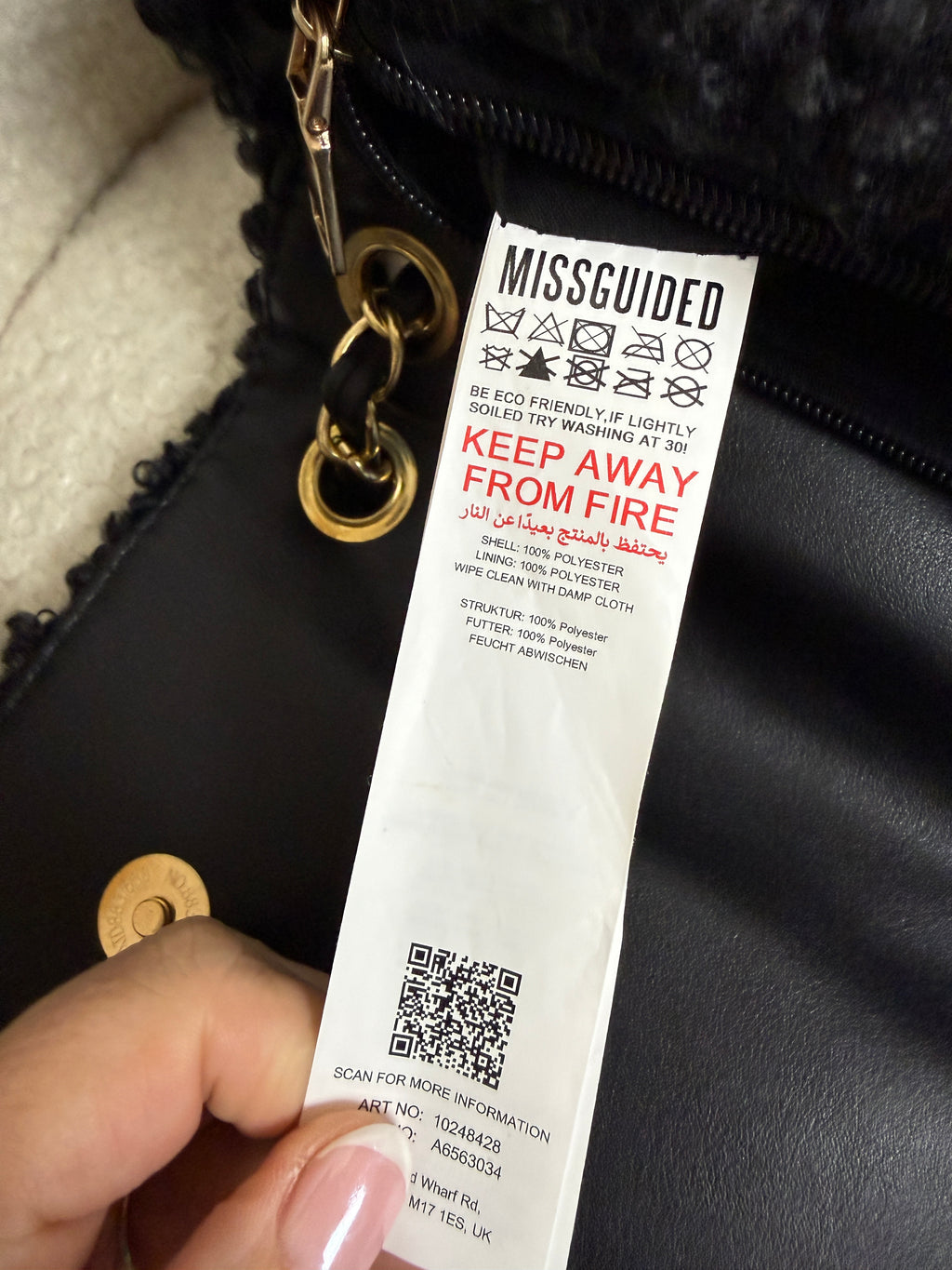 Missguided Black Sherpa Flap Bag Chain Strap Shoulder Bag