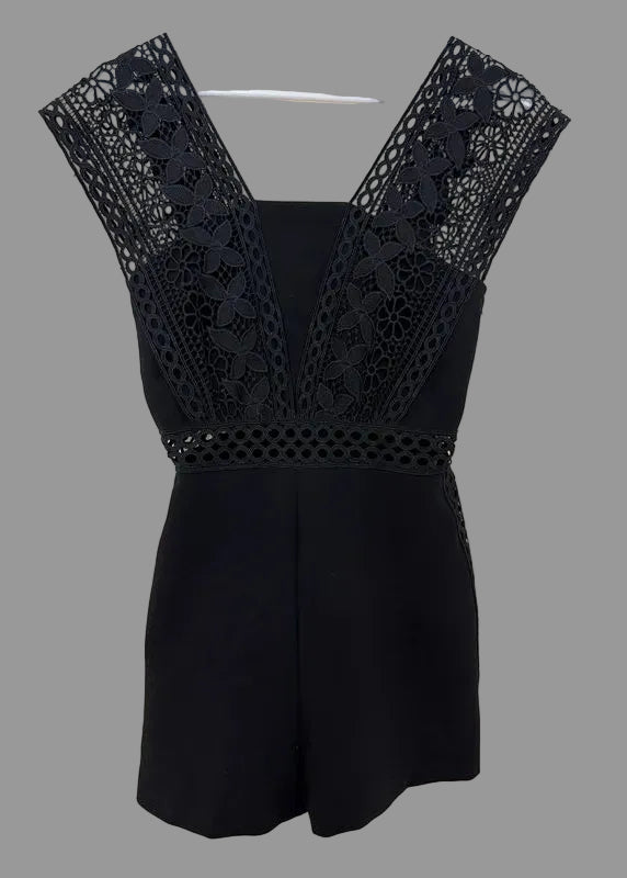 Topshop Lace Playsuit Black Crochet Detail V Neck Back Zip UK8