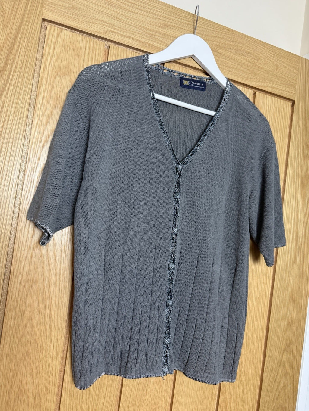 Xiongxin Silver Grey Fine Knit Lace Trim Cardigan  - Size 10