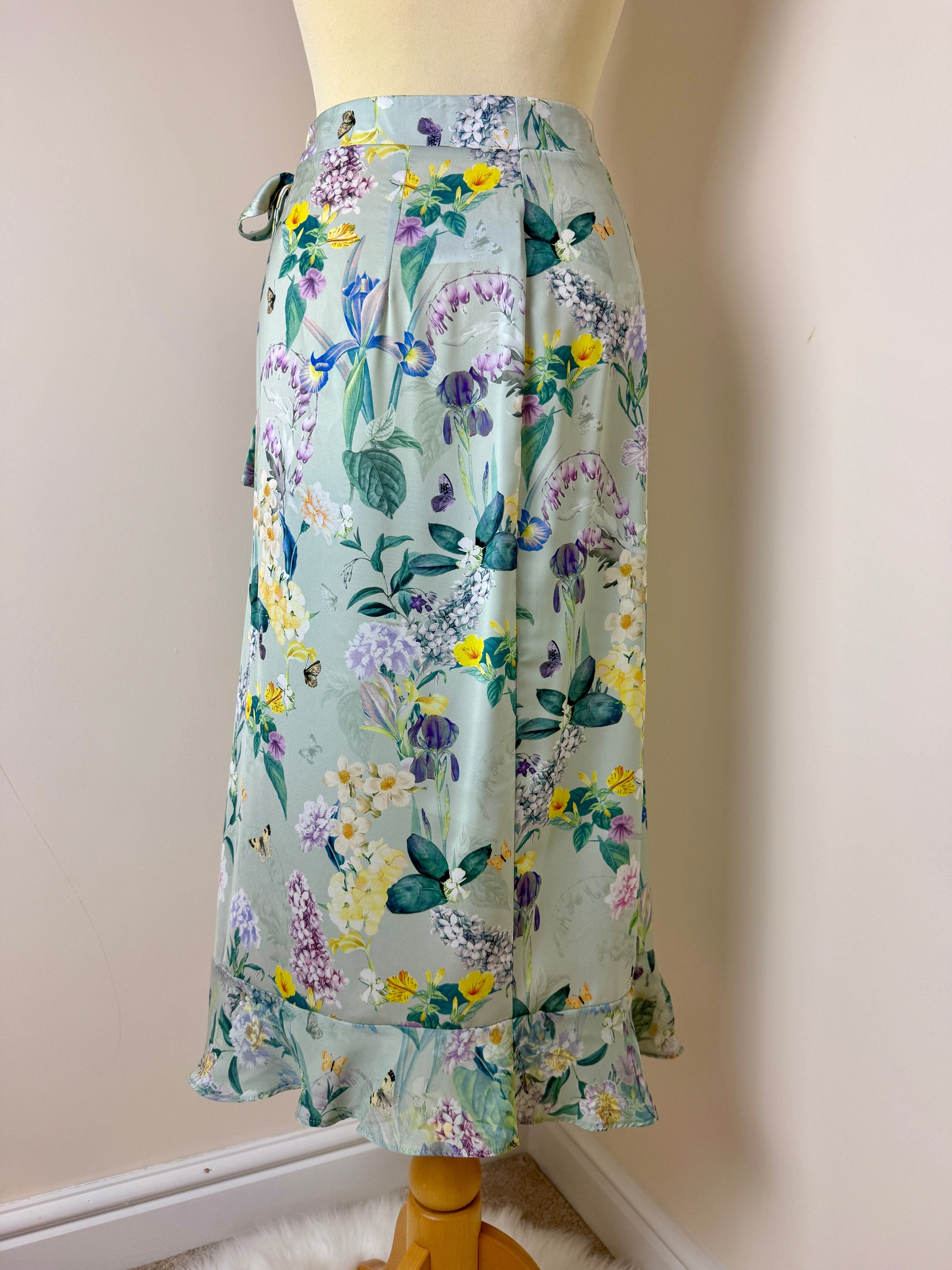 Lipsy Wrap Skirt Green Floral Satin Ruffle Hem Midi Tie Waist UK14