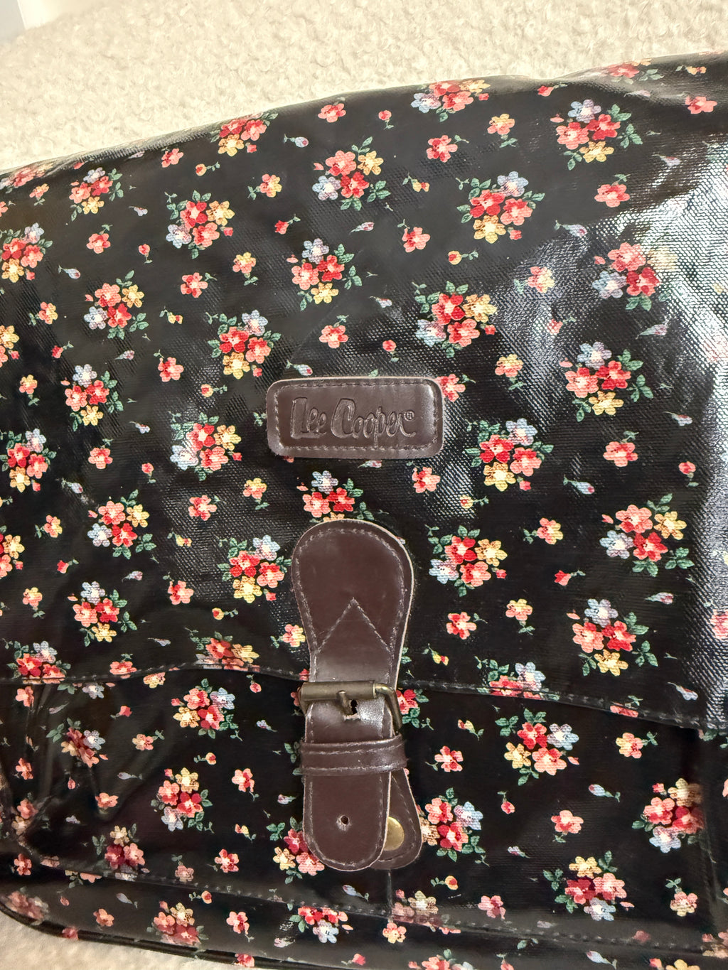 Lee Cooper Black Floral Messenger Bag Glossy Canvas Crossbody Studded