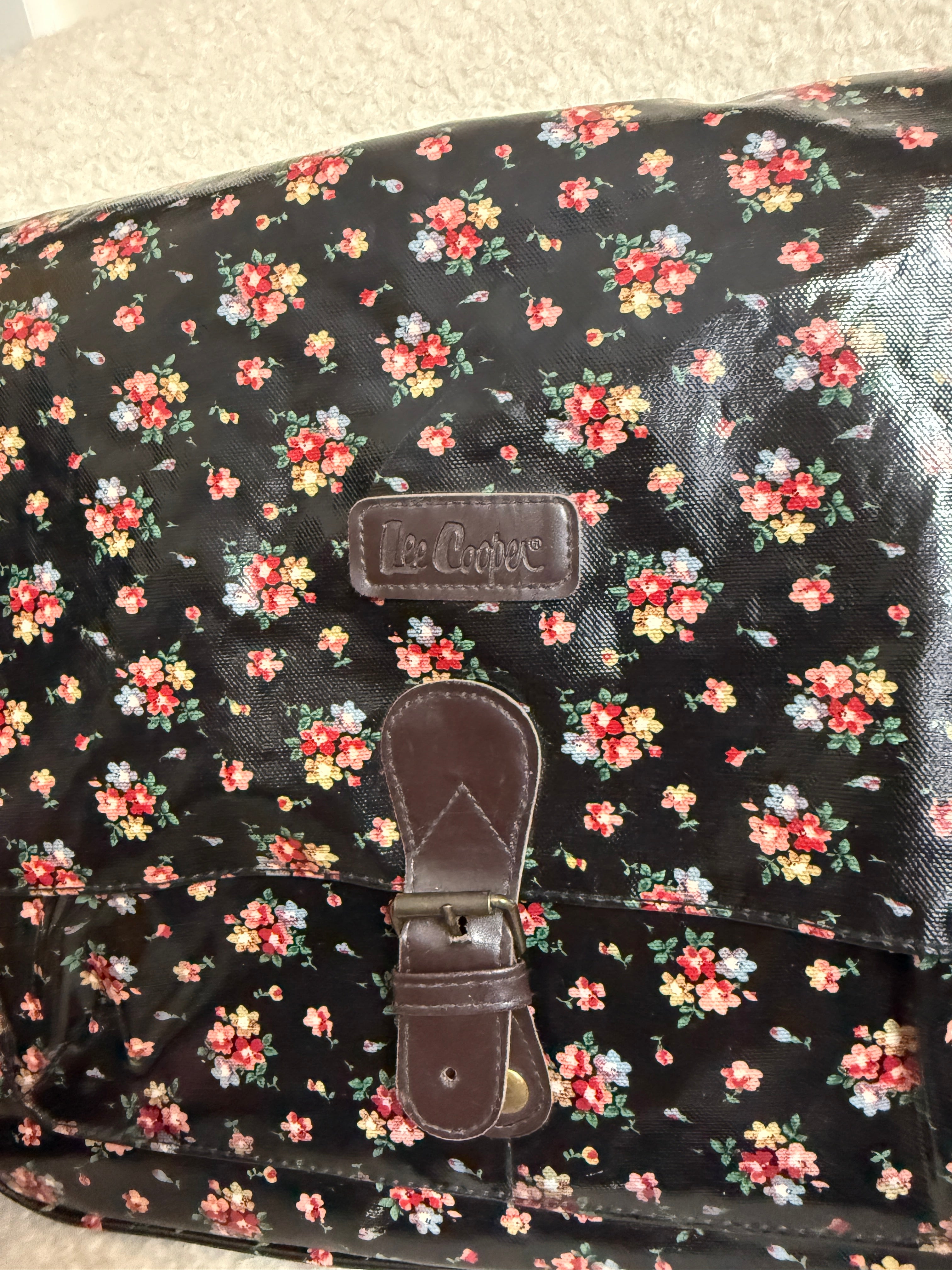 Lee Cooper Black Floral Messenger Bag Glossy Canvas Crossbody Studded