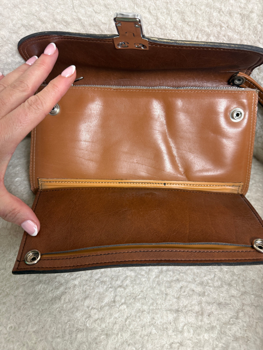 Vintage French Brown Cowhide Leather Clutch Bag Box Veritable Wrist Strap