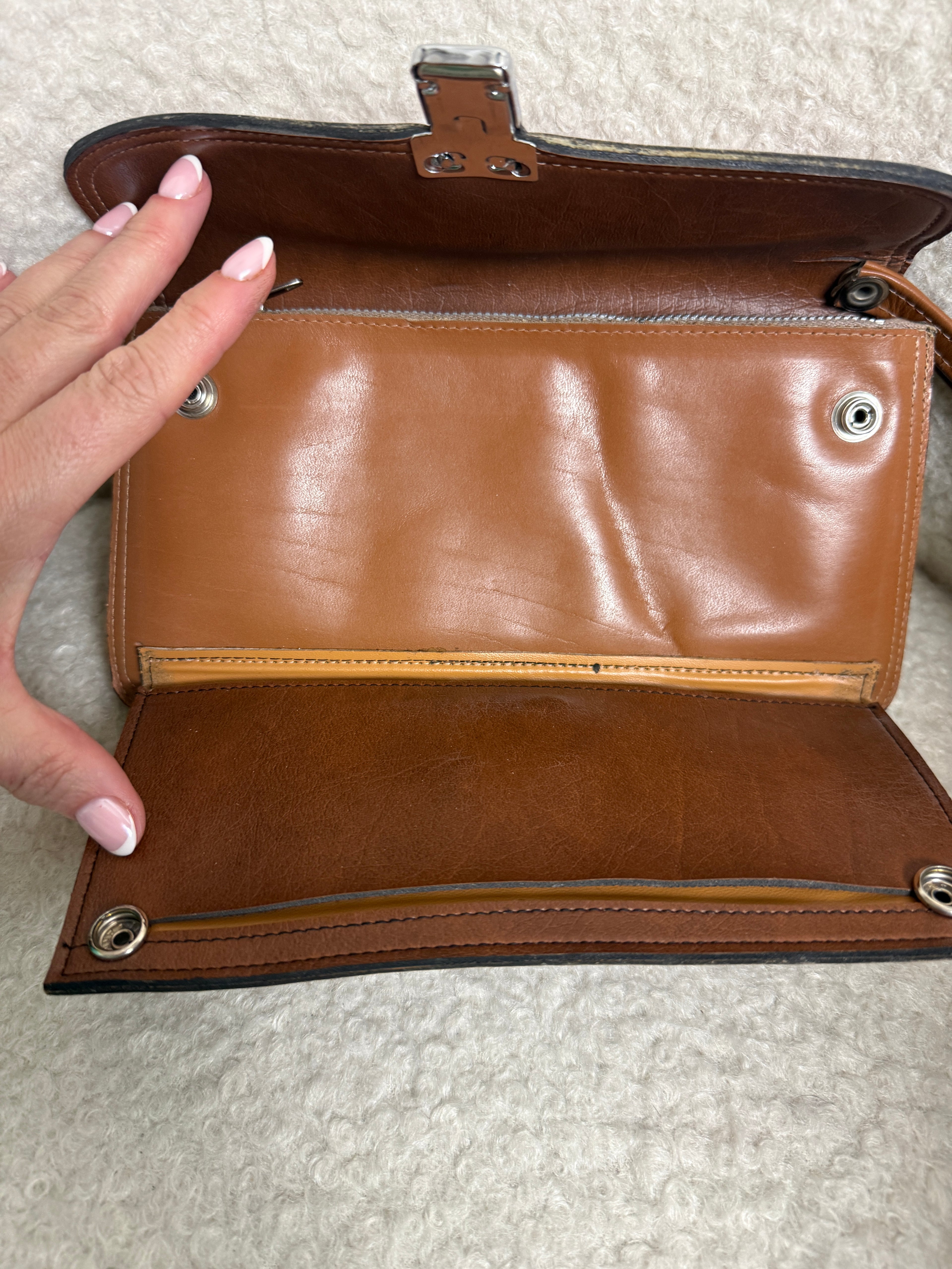Vintage French Brown Cowhide Leather Clutch Bag Box Veritable Wrist Strap