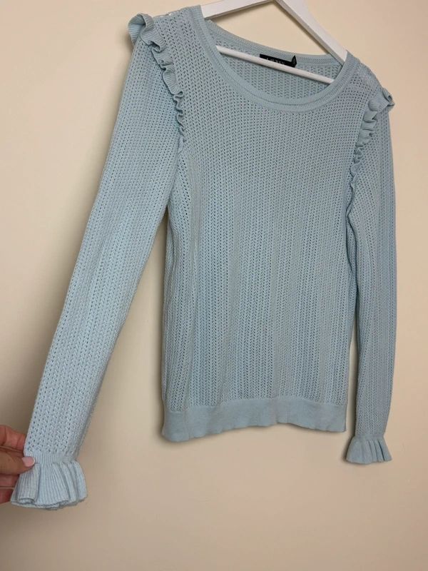 Ralph Lauren Pastel Blue Lace Knit Jumper Ruffle Shoulder Camisole Layered XL