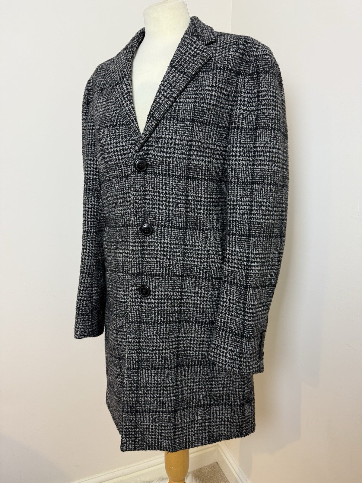 Primark Black White Dogtooth Check Wool Blend  Overcoat - Small