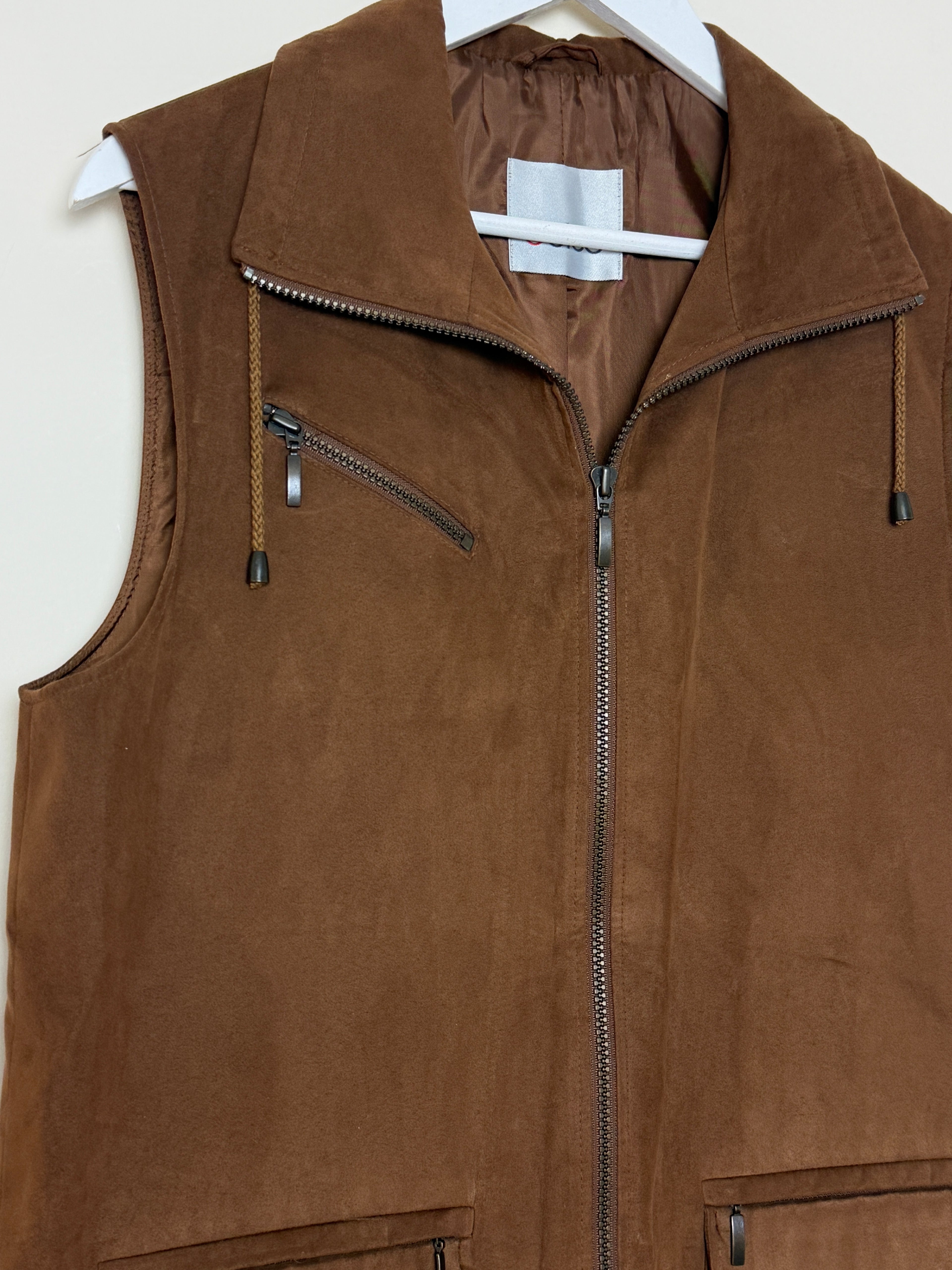 Gelco Bodywarmer Gilet Brown Faux Suede Cargo Vest Full Zip UK10