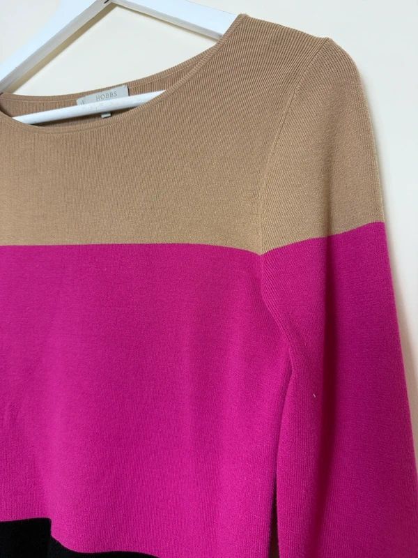 Hobbs Colour Block Knit Jumper Pink Beige Black Scoop Neck Small
