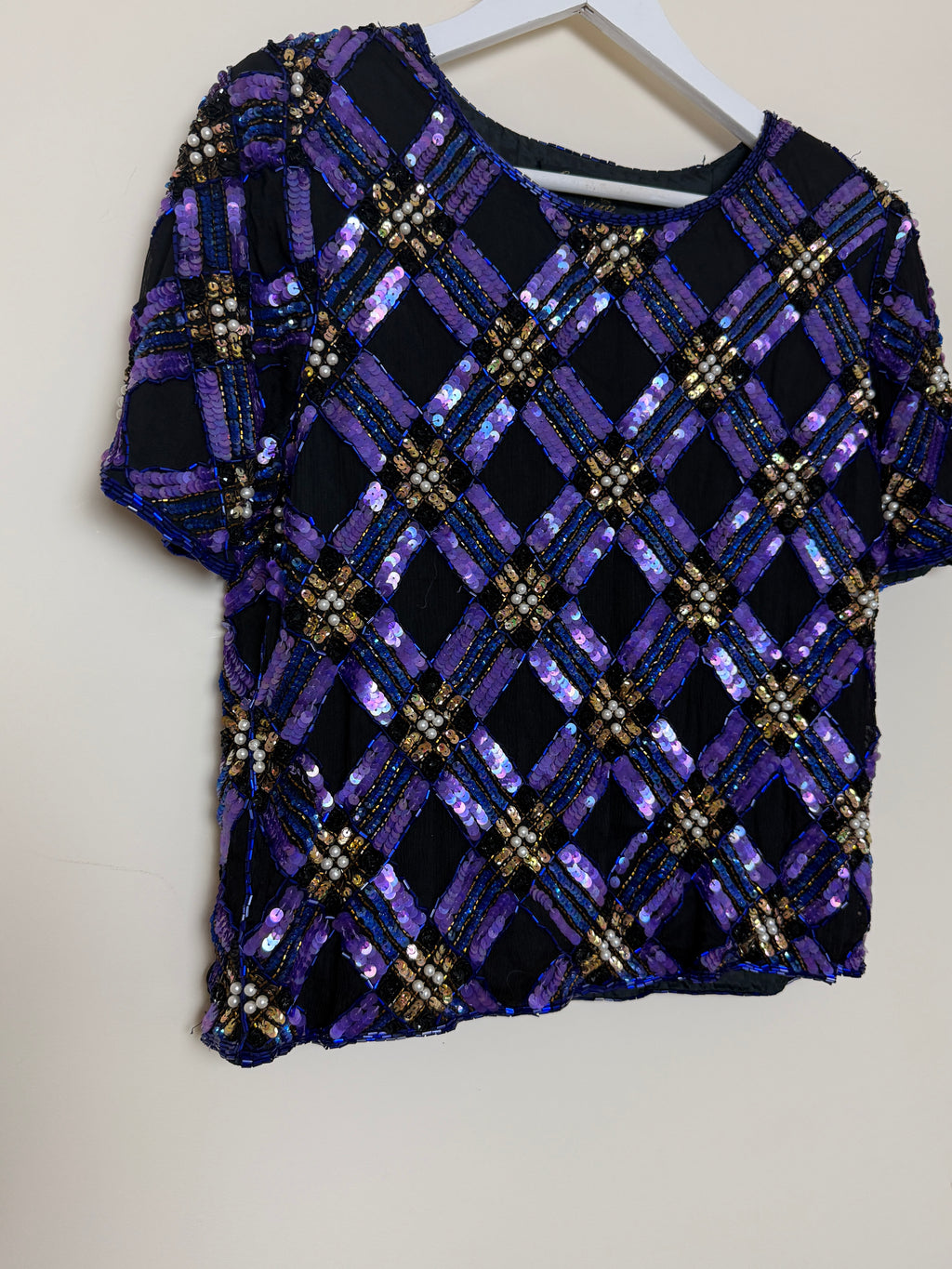 Kuku de Sudi 1980s Vintage Purple Black Sequin & Pearl Embellished 100% Silk Top - Medium