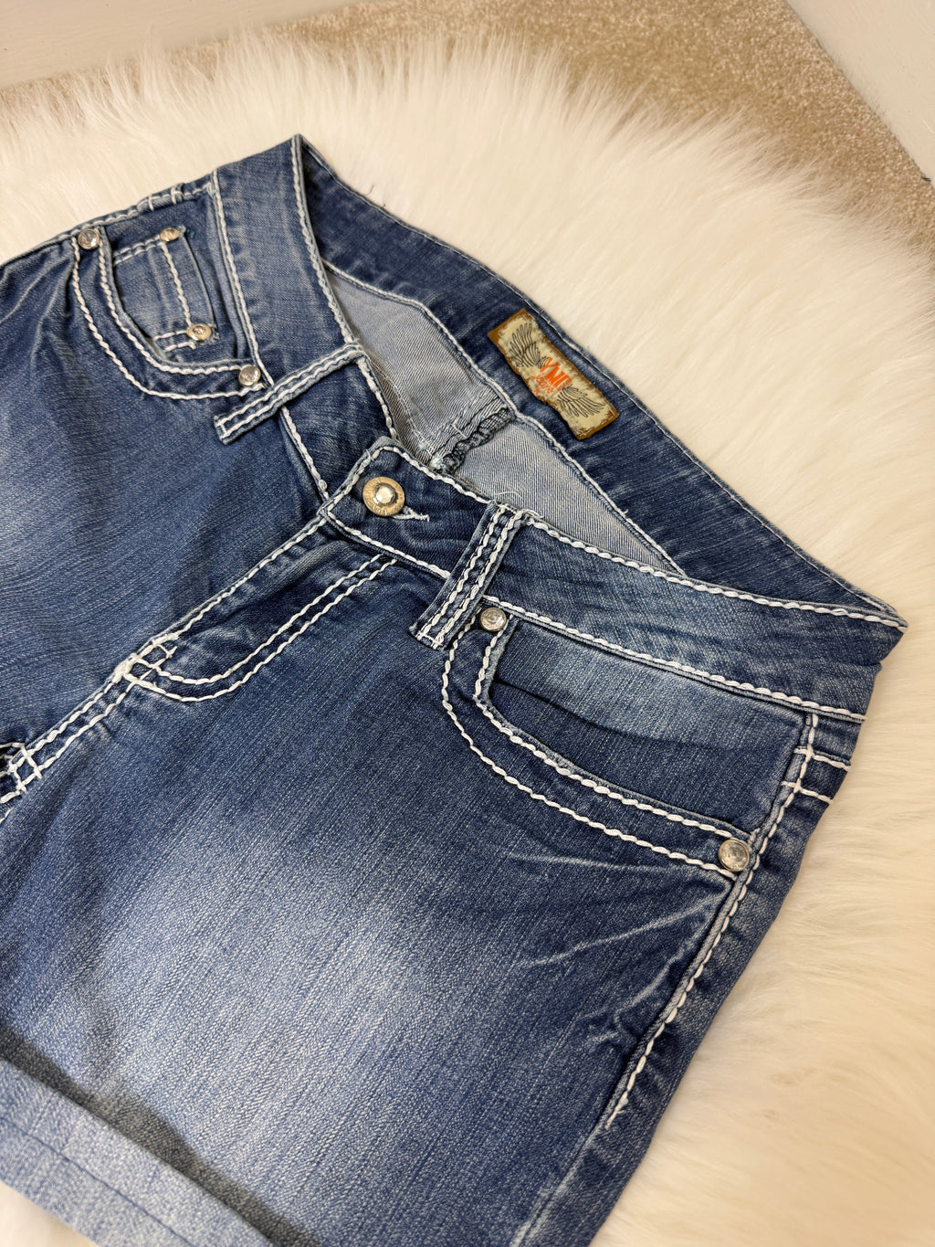 YMI Wannabetterbutt Y2K Western Denim Shorts Dark Wash Contrast Stitch Stud Detail UK10